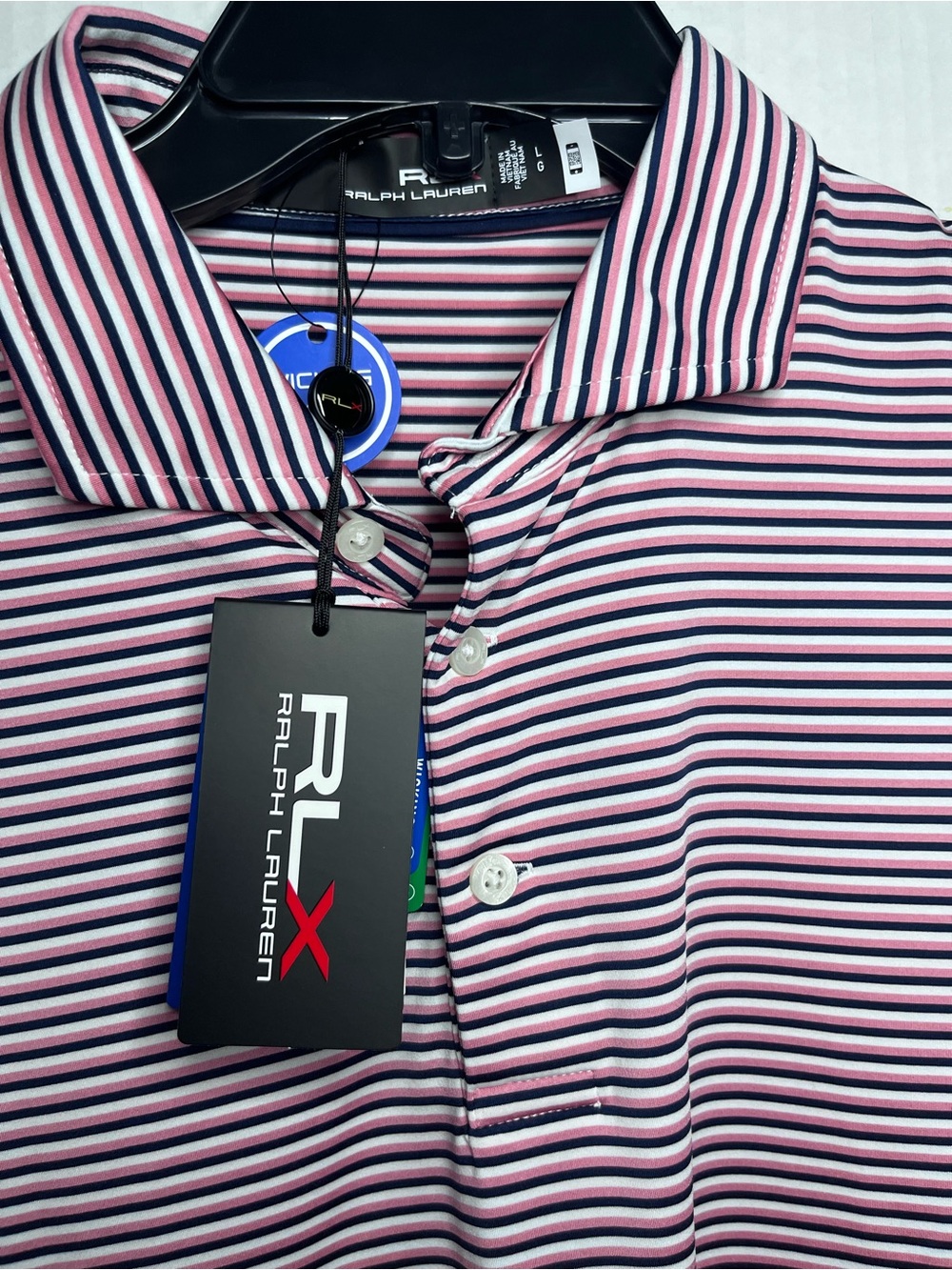 Ralph Lauren RLX Men's Pink and Navy Striped Polo